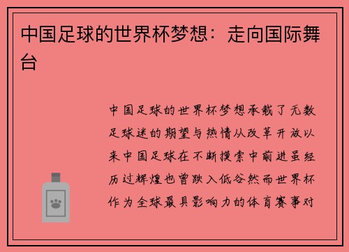中国足球的世界杯梦想：走向国际舞台