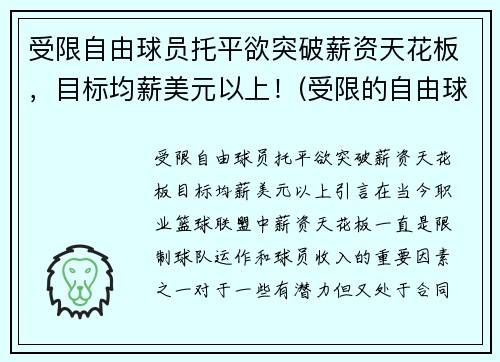 受限自由球员托平欲突破薪资天花板，目标均薪美元以上！(受限的自由球员)