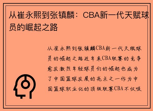 从崔永熙到张镇麟：CBA新一代天赋球员的崛起之路