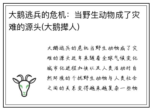 大鹅逃兵的危机：当野生动物成了灾难的源头(大鹅撵人)
