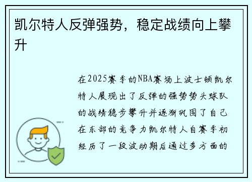 凯尔特人反弹强势，稳定战绩向上攀升